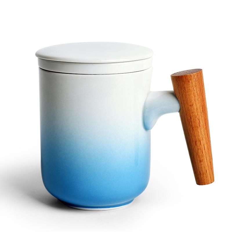 Tasse en bois avec couvercle, style élégant, en céramique, pour le lait, le café ou le gobelet avec paille, bleu, décoration moderne pour la maison GG50mk (Production 2019)