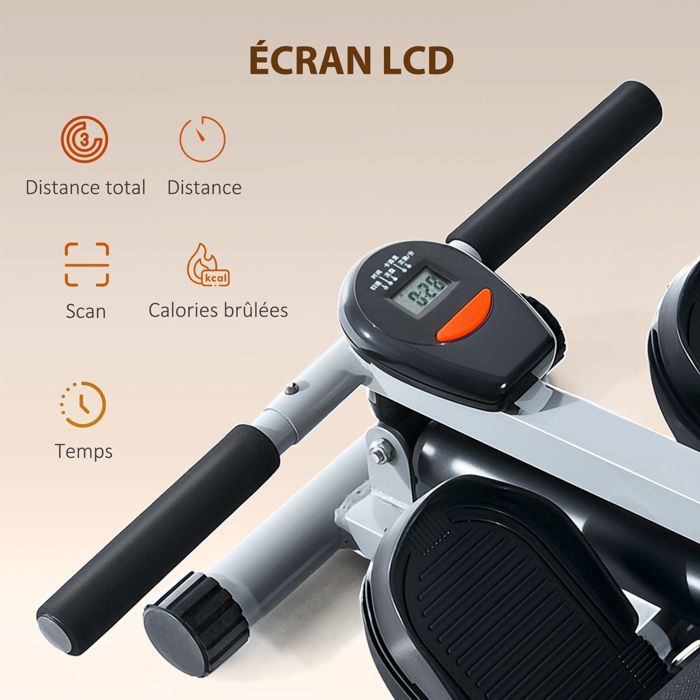 Máquina de remo hidráulica - HOMCOM - 12 niveles de resistencia, pantalla LCD, pedales antideslizantes, para gimnasio en casa - Acero - Negro
