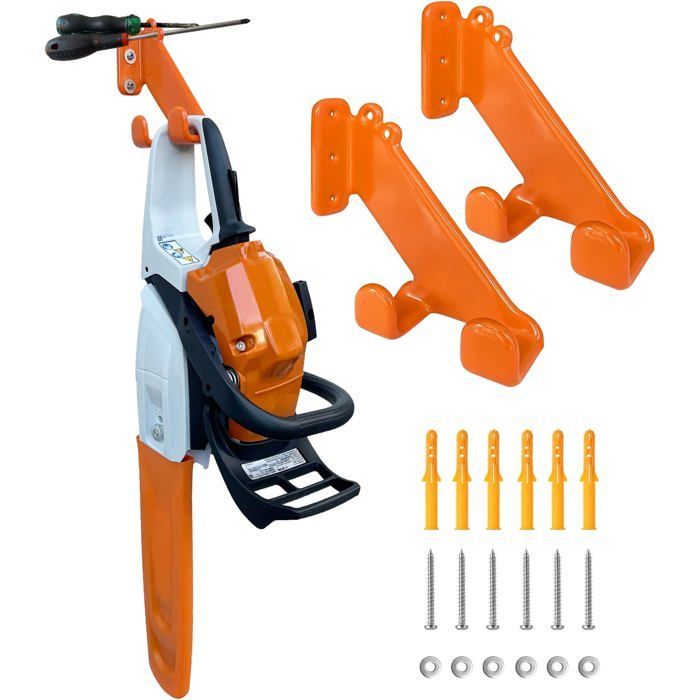Set di 2 robuste staffe da parete per motoseghe, ideali per riporre attrezzi in garage o in un capanno, per un montaggio sicuro a parete.