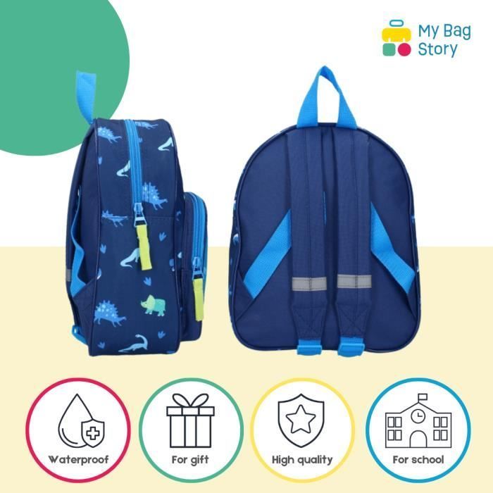 mybagstory - Sac à dos – Prêt – Dinosaure  - Bleu - Enfant - Ecole - Maternelle - Garderie - Crèche - Taille 29 cm - Idée Cadeau