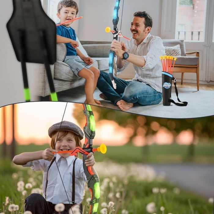 Juego de arco y flechas para niños con luces LED, 20 flechas con ventosa, diana con carcaj de hombro y correas.
