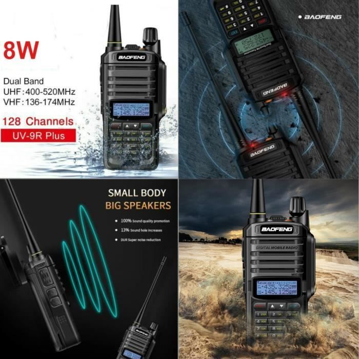 Radio portátil Baofeng UV-9R Plus FM VHF/UHF con clasificación de resistencia al agua IP67, doble banda, pantalla y modo de espera de largo alcance (auriculares incluidos).