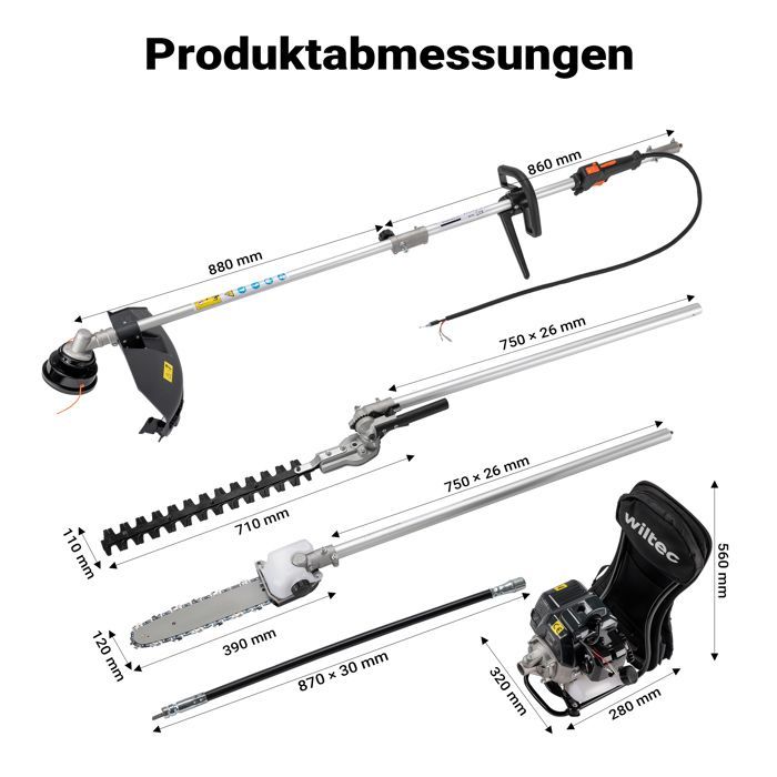 Herramienta multifunción Wiltec 4 en 1 – 2860 x 370 x 560 mm – Motor de gasolina de 2 tiempos y 1,2 L – 1,9 kW – con extensión – Desbrozadora