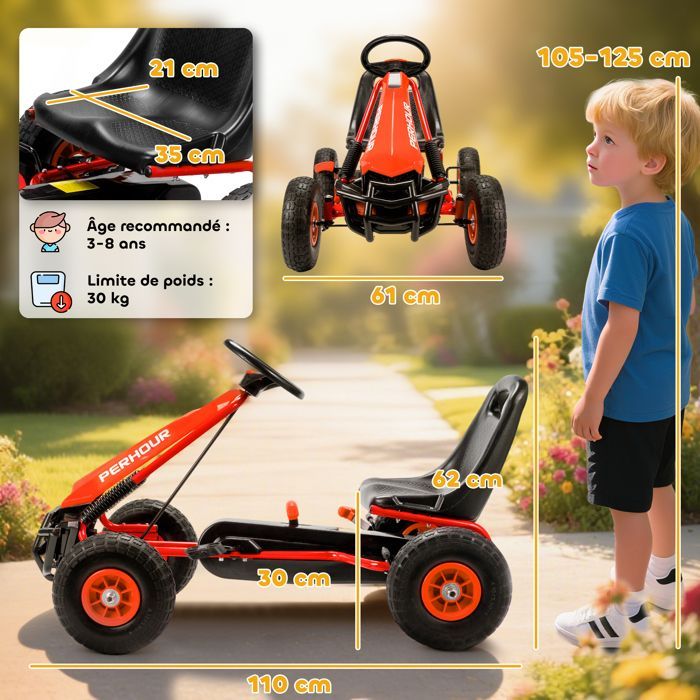 Kart à pédales - Go-Kart pour enfants - AIYAPLAY - siège réglable, pneus EVA, embrayage manuel et frein - 110 x 61 x 62 cm - rouge