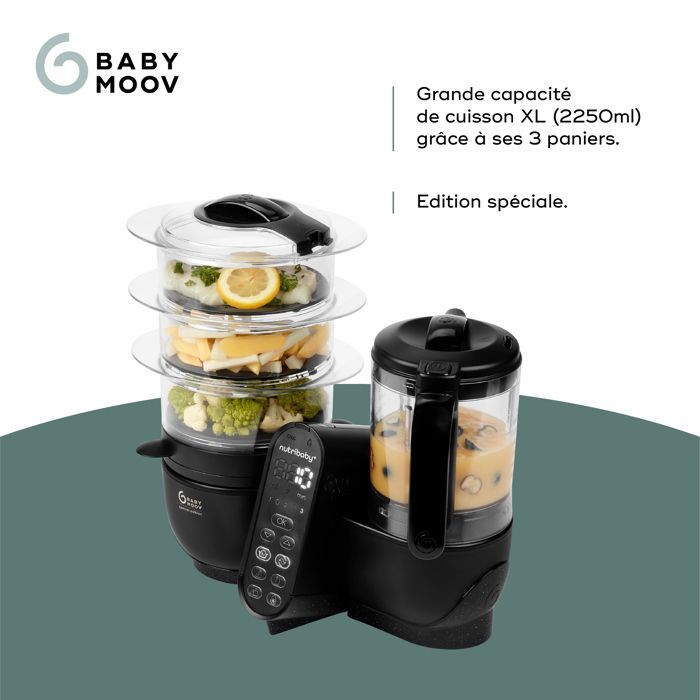 Robot da cucina Babymoov Nutribaby(+) XL - Grande capacità 2,9 litri - Fino a 14 pasti in 1 ciclo - 6 in 1 - 2 cestelli per la cottura a vapore, nero