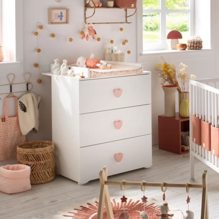 Commode à langer - Babyprice - Basic - 3 tiroirs - En bois - Boutons cœur rose