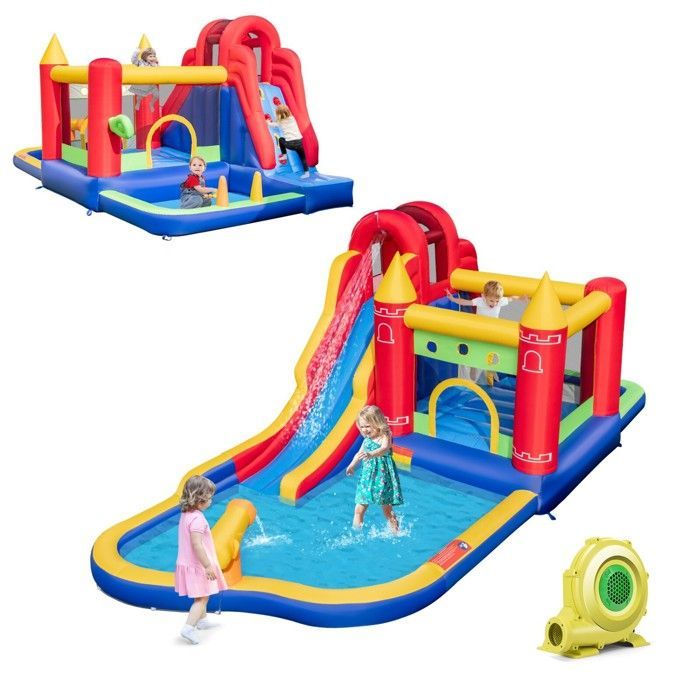 Castillo hinchable DREAMADE 9 en 1 para niños con soplador de 680 W, tobogán, trampolín, piscina, 50 pelotas, cañón de agua y rocódromo.