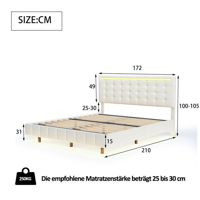 Cama doble tapizada de 160 x 200 cm - LUMINARIX - LED - USB/Tipo C - Estructura flotante - Somier de láminas - Beige - Lino