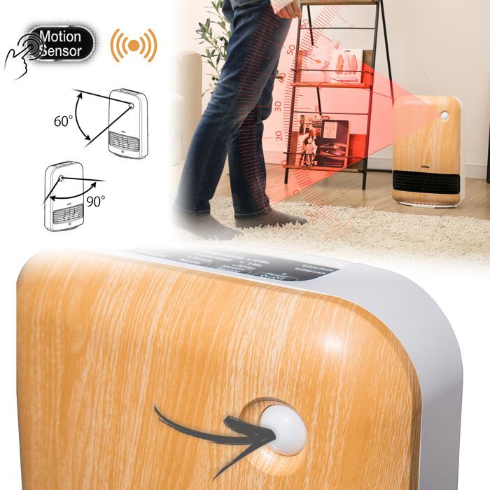 Iris Ohyama, Calefactor portátil compacto con detector de movimiento, alcance de 90 cm, 1500 W, Madera
