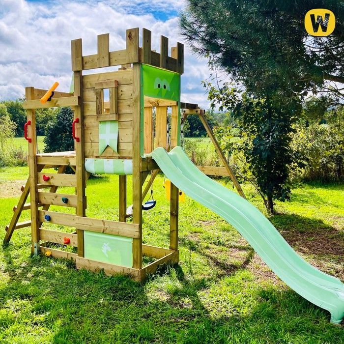 WICKEY RoyalFlyer play tower with pastel pink slide, swing and sandbox – 10-year guarantee*