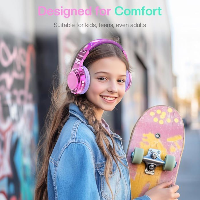 Auriculares inalámbricos infantiles, metálicos, Bluetooth 5.3, micrófono incorporado, plegables, para niñas, niños, adolescentes, iPad, PC, tablet (morado)