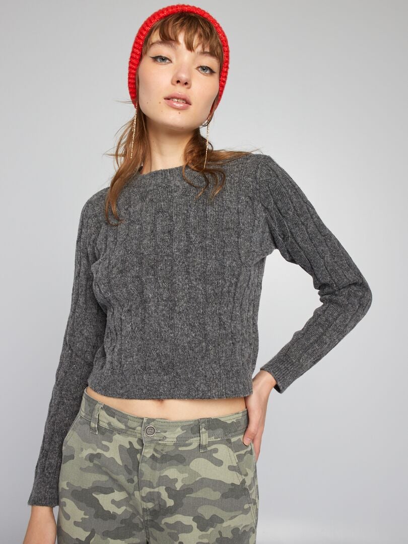Kabelgebreide crop top trui - GRIJS