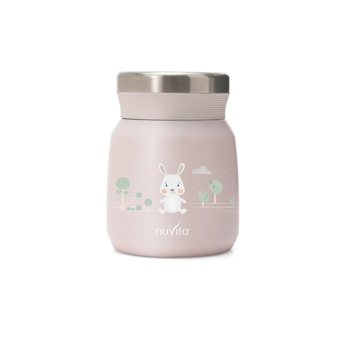 Garrafa térmica Nuvita em aço inoxidável para alimentos líquidos/sólidos, rosa, 300 ml, com fechamento hermético para papinhas e caldos de bebê.