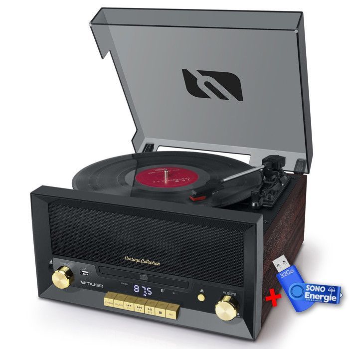 Vintage 20W CD Hi-Fi System with Turntable - CD/FM/USB/AUX - 33/45/78 RPM + 32GB USB Flash Drive