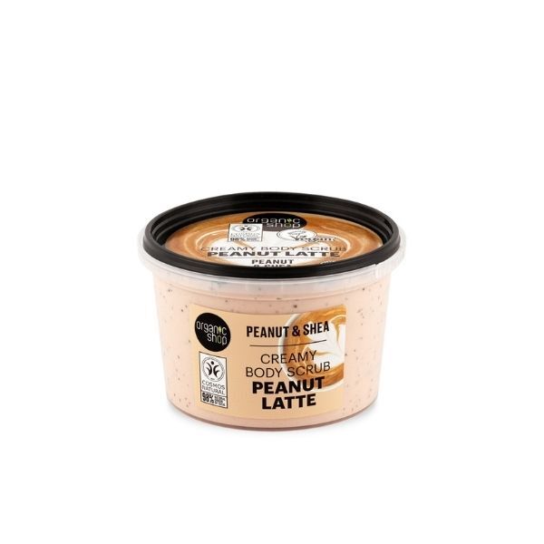 „Organic Shop“ žemės riešutų latte kūno šveitiklis su žemės riešutais ir taukmedžiu, 250 ml