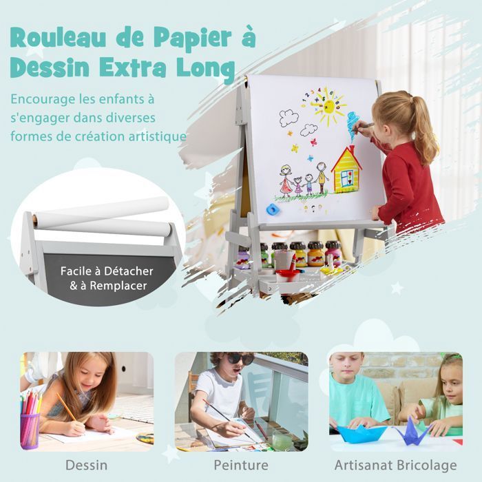 Tableau Enfant 3 en 1 - DREAMADE - Chevalet Enfant Double Face - Rouleau de Papier - 3 Pots de Peinture - 2 Boîtes en Tissu - Gris