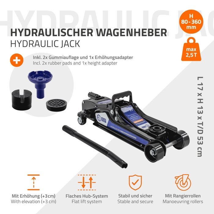 ECD Germany 2 cavalletti a cricchetto da 2,5 T, certificati TÜV/GS, altezza 80-360 mm, acciaio nero e blu, cavalletto da officina, cavalletto per auto