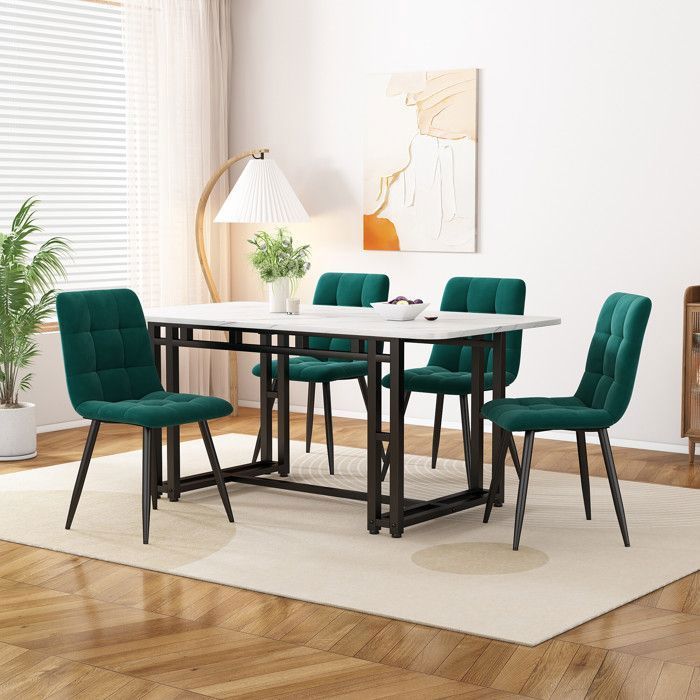 Juego de mesa de comedor de 120 × 70 cm con 4 sillas - Juego moderno de mesa y sillas para cocina/sala de estar - Sillas de terciopelo verde oscuro