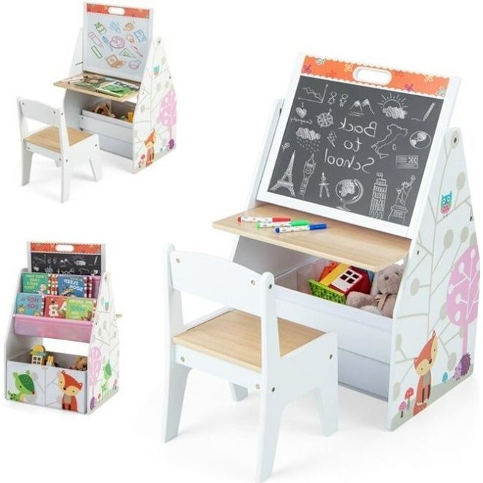 Pizarra de dibujo infantil 3 en 1 - DREAMADE - Pizarra de dibujo de doble cara - Bandeja de almacenamiento - Estantería de 2 baldas - Edades de 3 a 6 años - Blanca