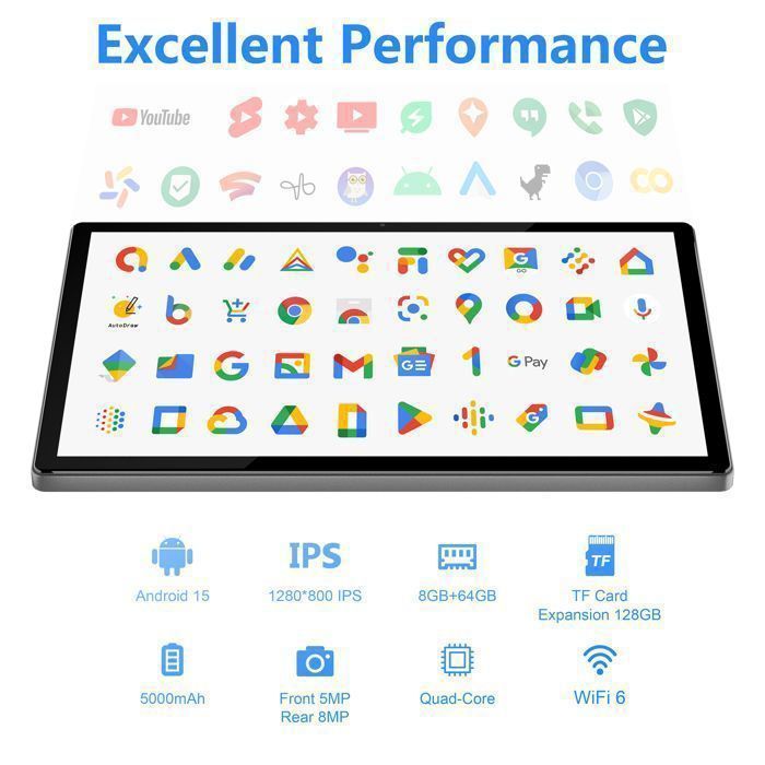 Tablet Android 15 com capa, 8 GB de RAM + 64 GB de ROM (expansível até 128 GB), câmera dupla de 5 MP + 8 MP, bateria de 5000 mAh. Boa qualidade, preço baixo.