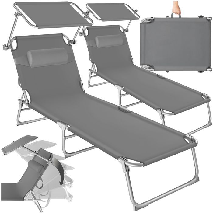 Bain de soleil - TECTAKE - Lot de 2 transats jardin CHLOE, 4 niveaux réglage, appuie-tête moelleux en acier 68x161x111cm - Gris