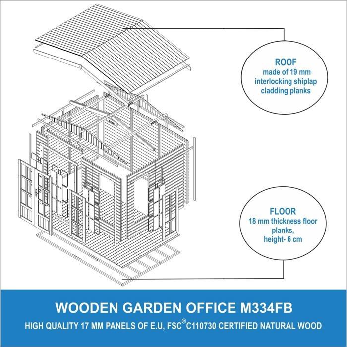 Casetta da giardino in legno 6 m² - L332 x P222 x H232 cm - Casetta estiva con tegole bituminose rosse - M334FB+H334FBGREY