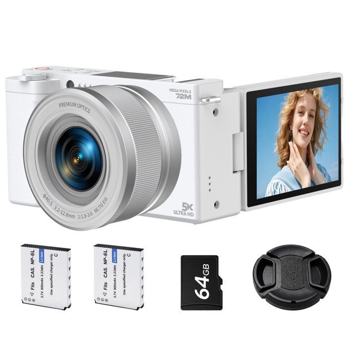 CAMPARK 5K 72MP digitale camera, vlogcamera, 6x optische zoom, 2,8 inch 270° draaibaar scherm, 64GB TF-kaart