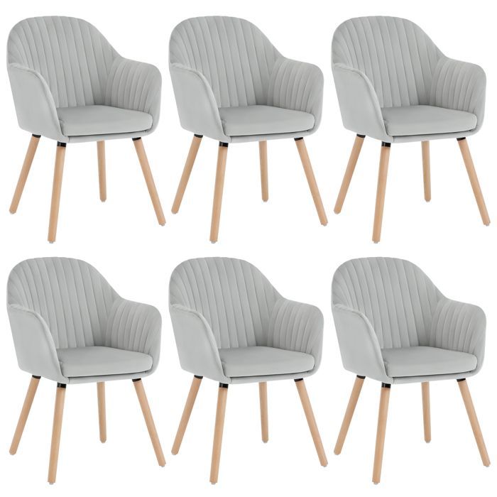Sillas de comedor - WOLTU - Gris claro - Juego de 6 - Reposabrazos - Patas de madera maciza