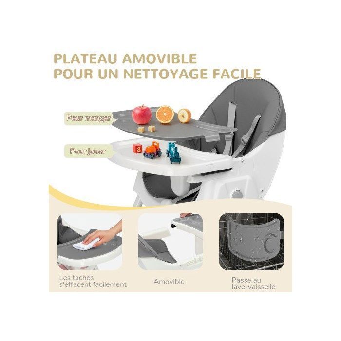 Baby High Chair - ALIGHTUP - Convertible high chair, reclining backrest, compact fold, adjustable, multi-functional - Grey