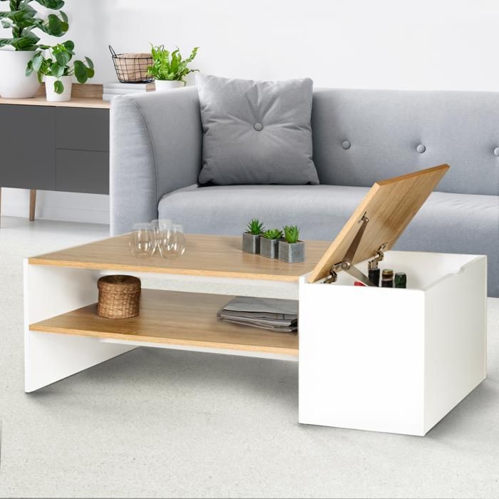 Mesa de centro rectangular contemporánea IDMARKET IZIA con compartimento de almacenamiento blanco y estantes de madera.