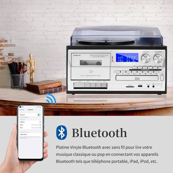 9-en-1 Platine Vinyle Bluetooth, 3 Vitesses, Haut-Parleurs Intégrés, CD/Cassette/Radio USB/SD/Micro Aux/RCA, Noir