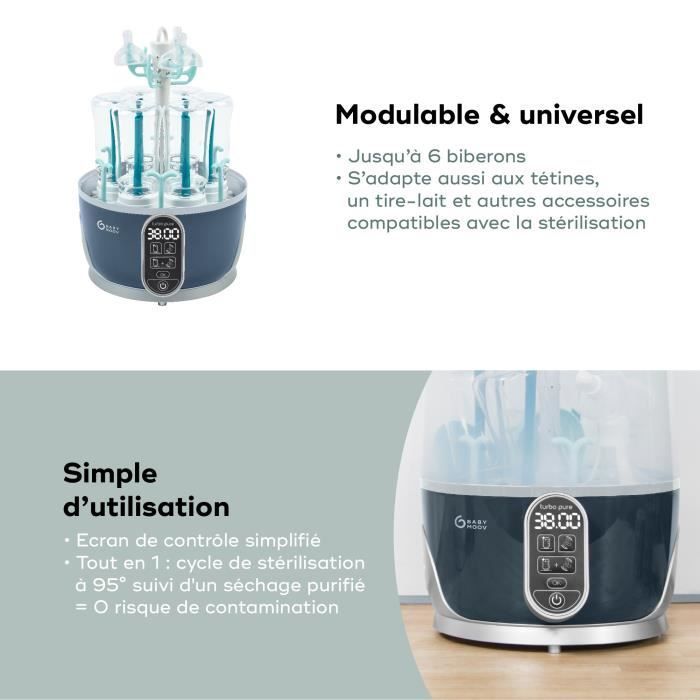 Babymoov Turbo Pure Stérilisateur Biberons Vapeur Electrique 2 en 1, Sèche Biberons, En 6 min Chrono