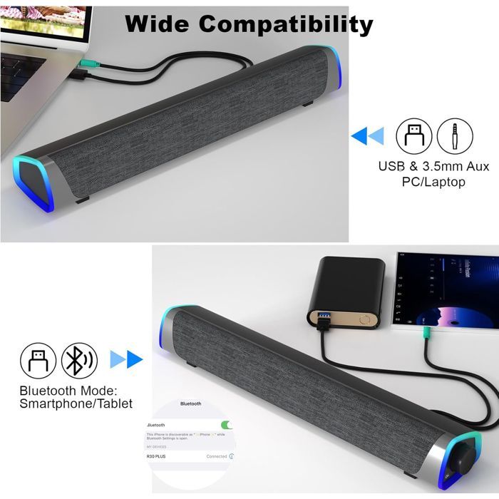Altavoz para PC, altavoz autoamplificado para ordenador, entrada AUX de 3,5 mm, Bluetooth 5.0, luces LED, barra de sonido para PC, portátil y smartphone.