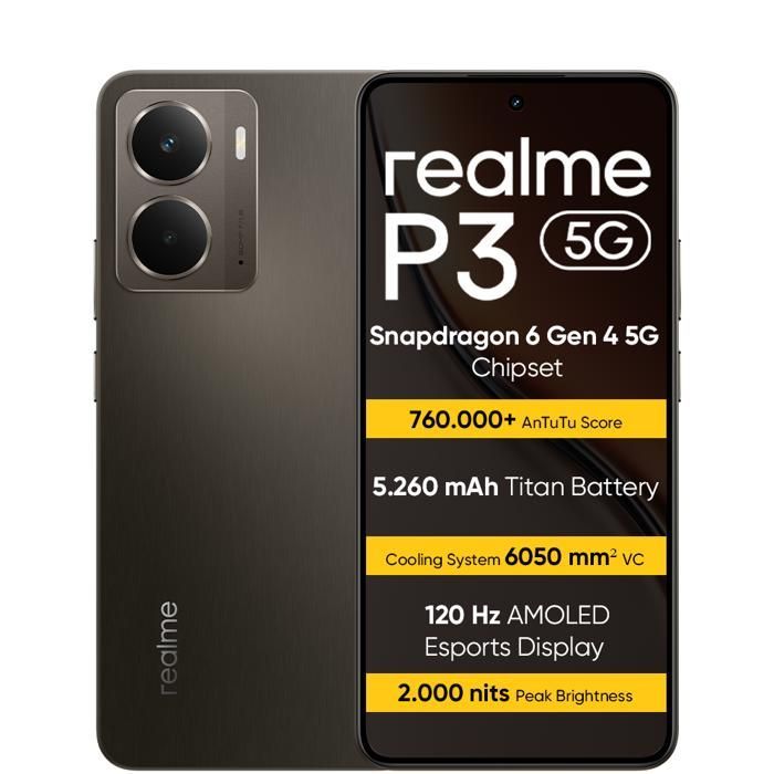 Smartphone realme P3 5G, 12+512 GB, batería Titan de 5260 mAh, carga rápida de 45 W, pantalla AMOLED de 120 Hz, certificación IP69, color gris.