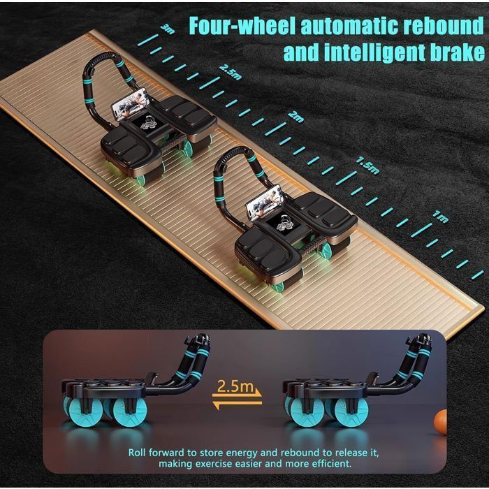 Rouleau Abdominal à Retour Automatique avec Appui-Coudes, 4 Roues et Tapis d'Entraînement - Pour le Gainage à la Maison/Salle