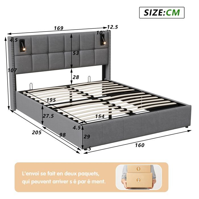 Cama con almacenamiento de 160 x 200 cm, cama de 160 x 200 cm con somier de láminas, cama doble, estructura de cama, con lámpara de lectura de mesilla, gris, terciopelo