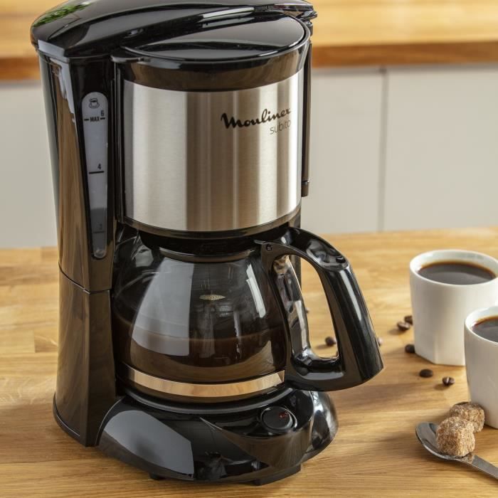 Machine à café filtre noire et inox Subito Mini de Moulinex, maintien au chaud pendant 30 minutes et arrêt automatique