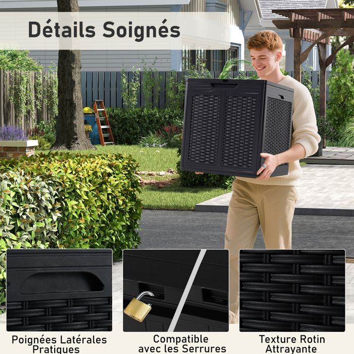 COSTWAY Coffre de Rangement Extérieur 145 L - 56 x 56 x 60,5 cm (L x l x H), Motifs en Rotin PP Noir