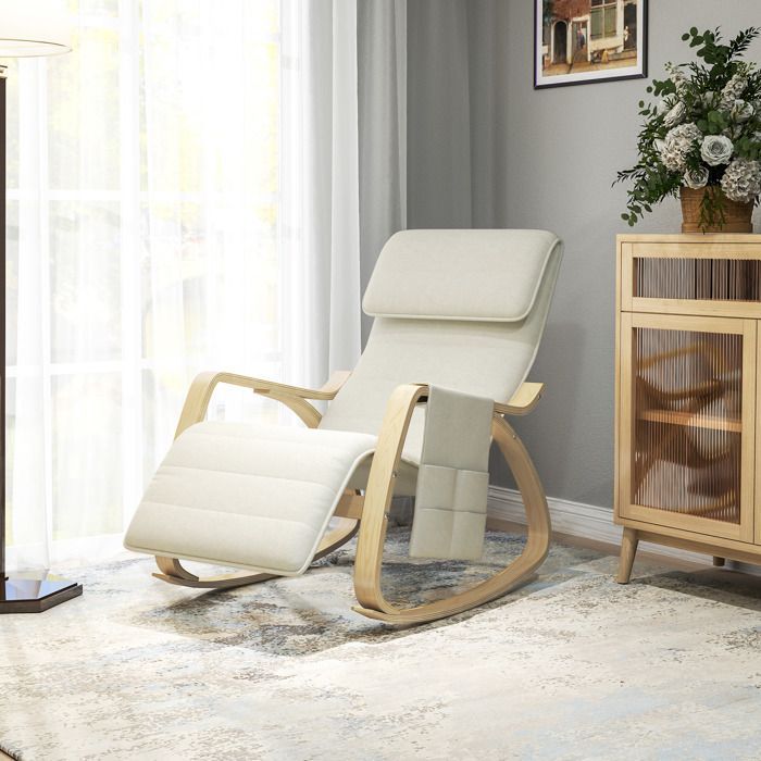 Sillón reclinable mecedor/silla de lactancia con reposapiés ajustable, bolsillo lateral y reposacabezas, color blanco crema.