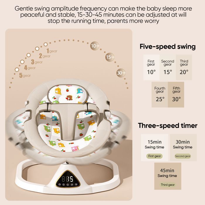 Elektrische Babyschaukel, Bluetooth-Wippe, 5 Schaukelgeschwindigkeiten, 3-stufiger Timer, Spielzeug für Kinder von 0-12 Monaten, maximale Belastung 15 kg