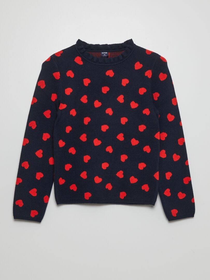 Trui met motief en sierlijke kraag - BLAUW