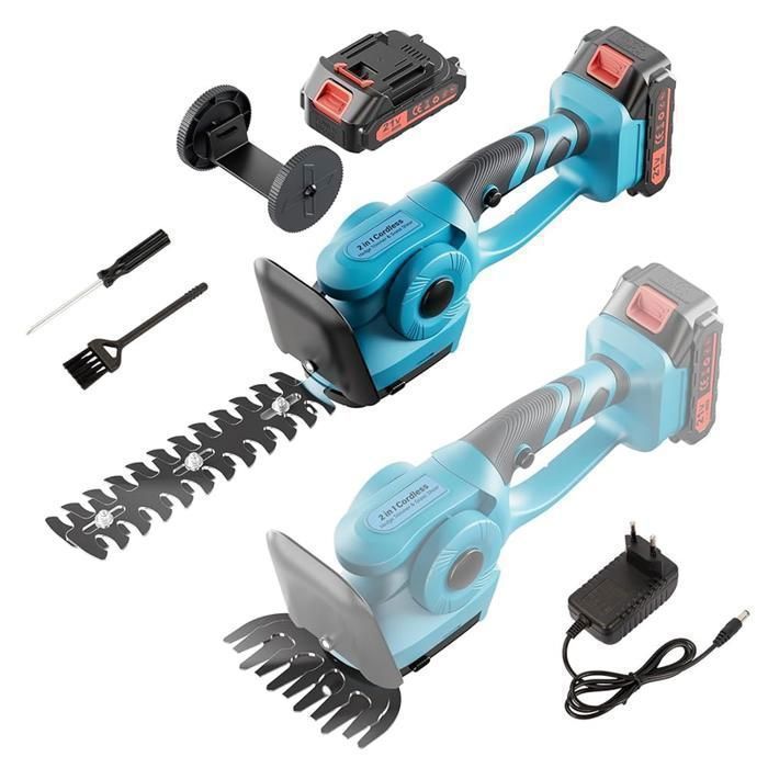 Cortasetos eléctrico inalámbrico 2 en 1 - Cortasetos cortos - Tijeras de césped recargables con batería, 2 cuchillas y cargador.