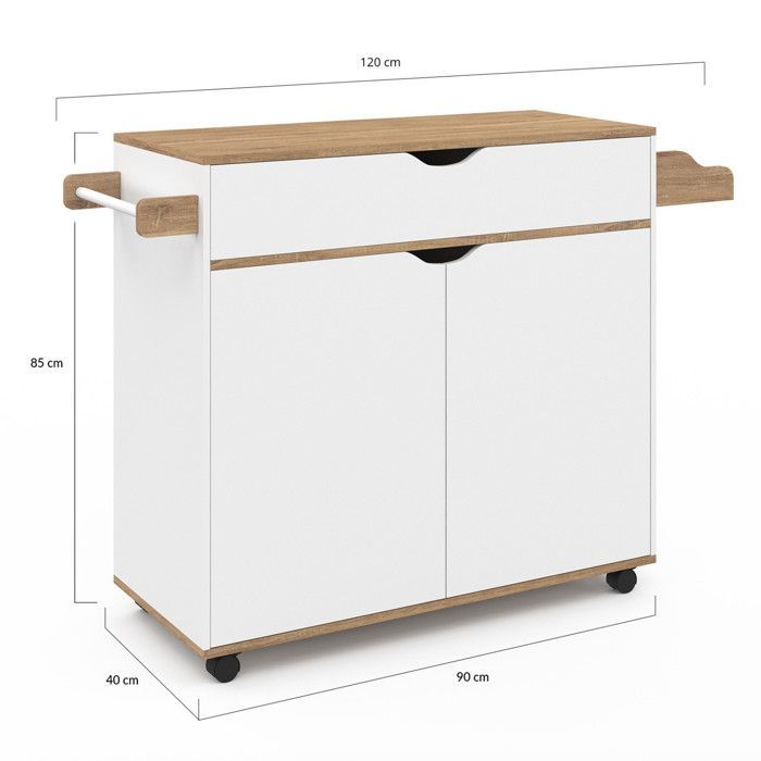 IDMARKET Desserte de cuisine COSY XXL placard avec tiroir blanc et plateaux façon hêtre L.90 CM