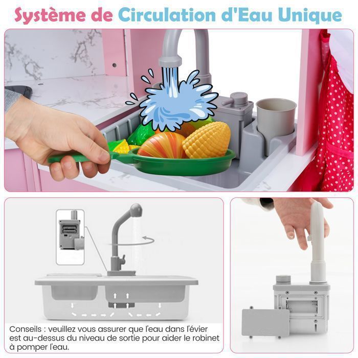 Cocina infantil COSTWAY de madera para mayores de 3 años - 17 accesorios, luces y sonidos, pizarra, regalo ideal, color rosa.