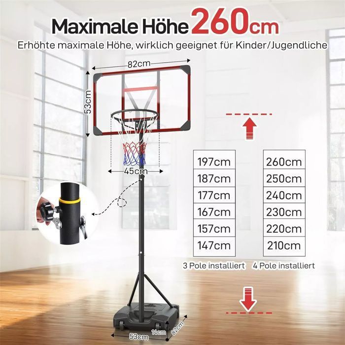 Aro de baloncesto NECHE - Ajustable de 147 a 260 cm - Con ruedas - Se puede rellenar con agua o arena - Unisex