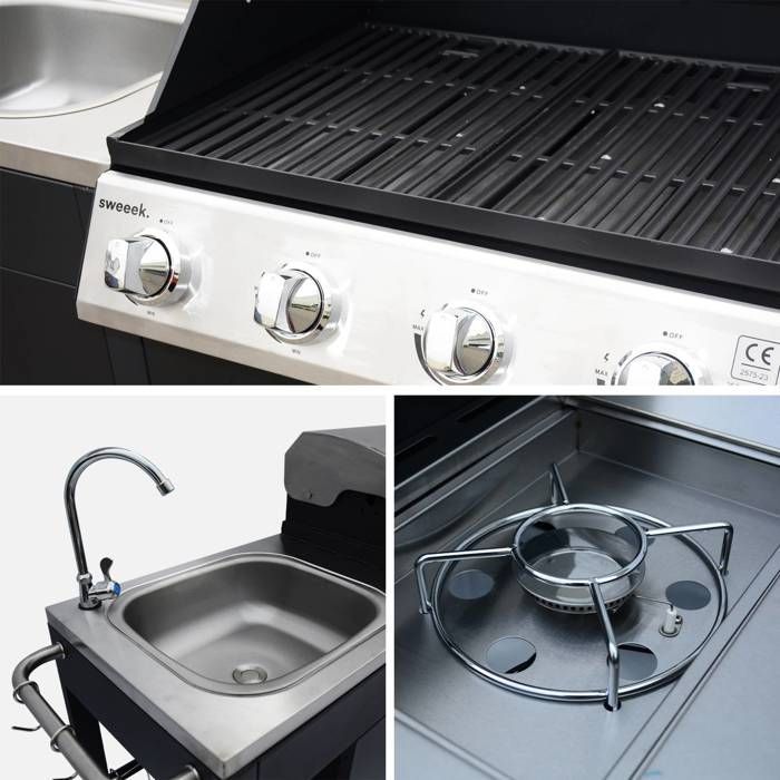 Gas barbecue with 4 burners + 1 side burner, outdoor kitchen with sink and cover, D'ARTAGNAN model with cover