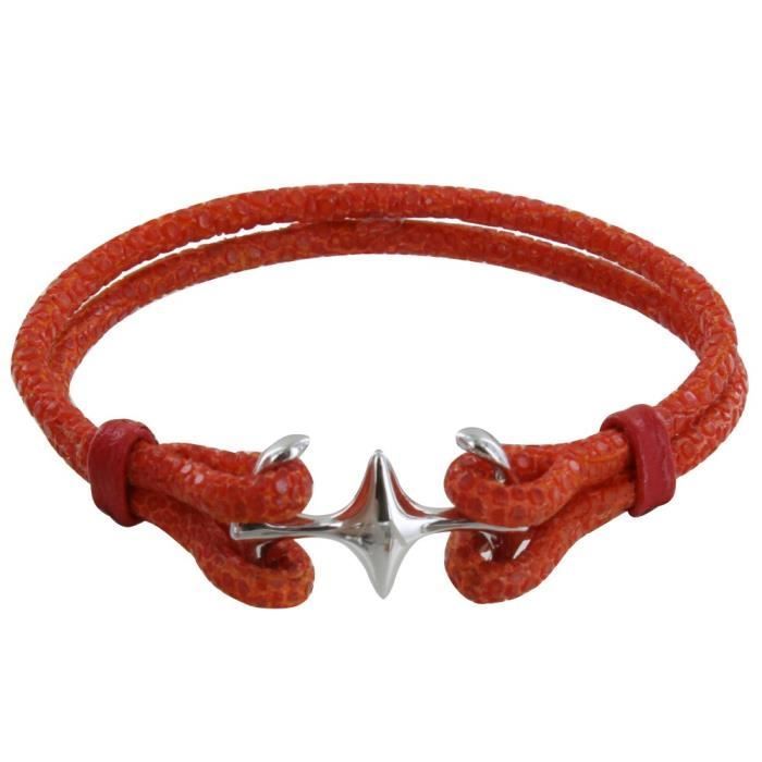 Les Poulettes Bijoux - Unisex Rhodium-Plated Silver Double Anchor and Shagreen Bracelet - 18cm - Orange