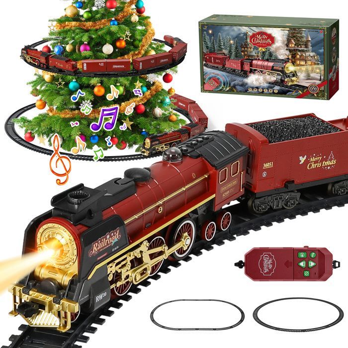Tren eléctrico infantil, tren de vapor de juguete, trenes navideños con humo, sonidos, luces, vías y control remoto para niños y niñas.