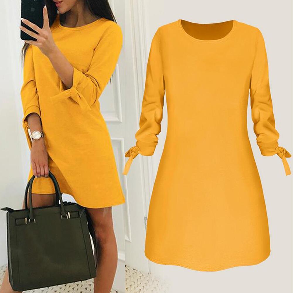2020 Nuovo abito estivo da donna, abito casual a tinta unita con scollo a O, abito ampio con maniche a 3/4 e fiocco, abito elegante Sukienki Vestidos#35