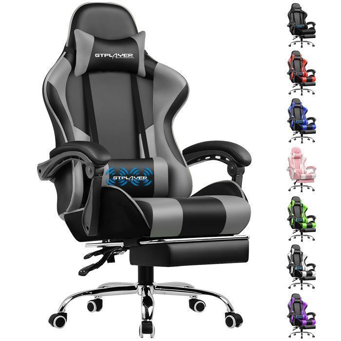 Gaming Chair with Footrest, Lumbar Massage Cushion, Ergonomic Office Chair with Synchronized Armrest (Grey)